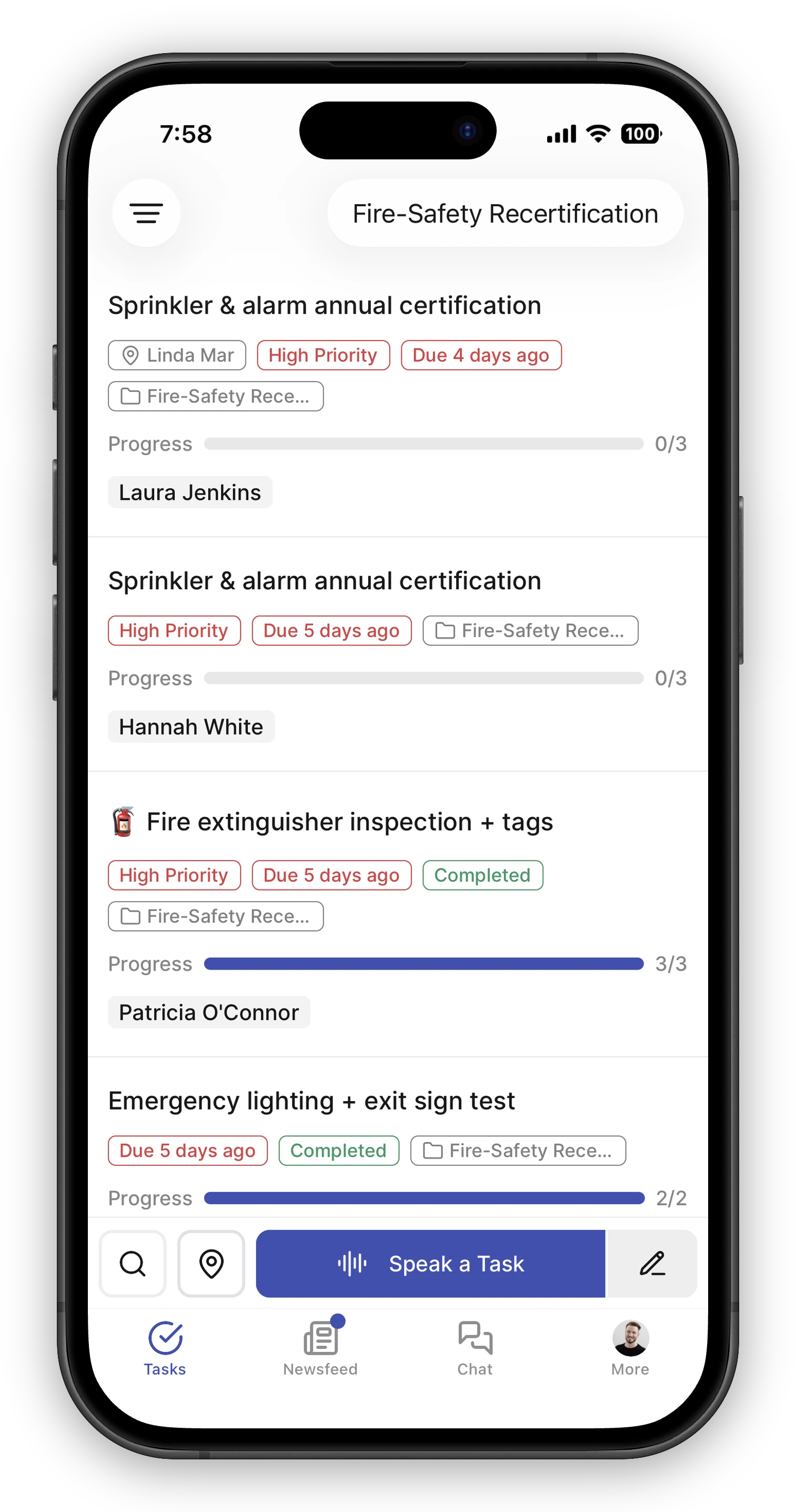 Task list filtered to the "Fire-Safety Recertification" project, with the project name shown in the header. Each card carries a project tag; two overdue high-priority tasks sit at the top and completed tasks with full progress bars below them.