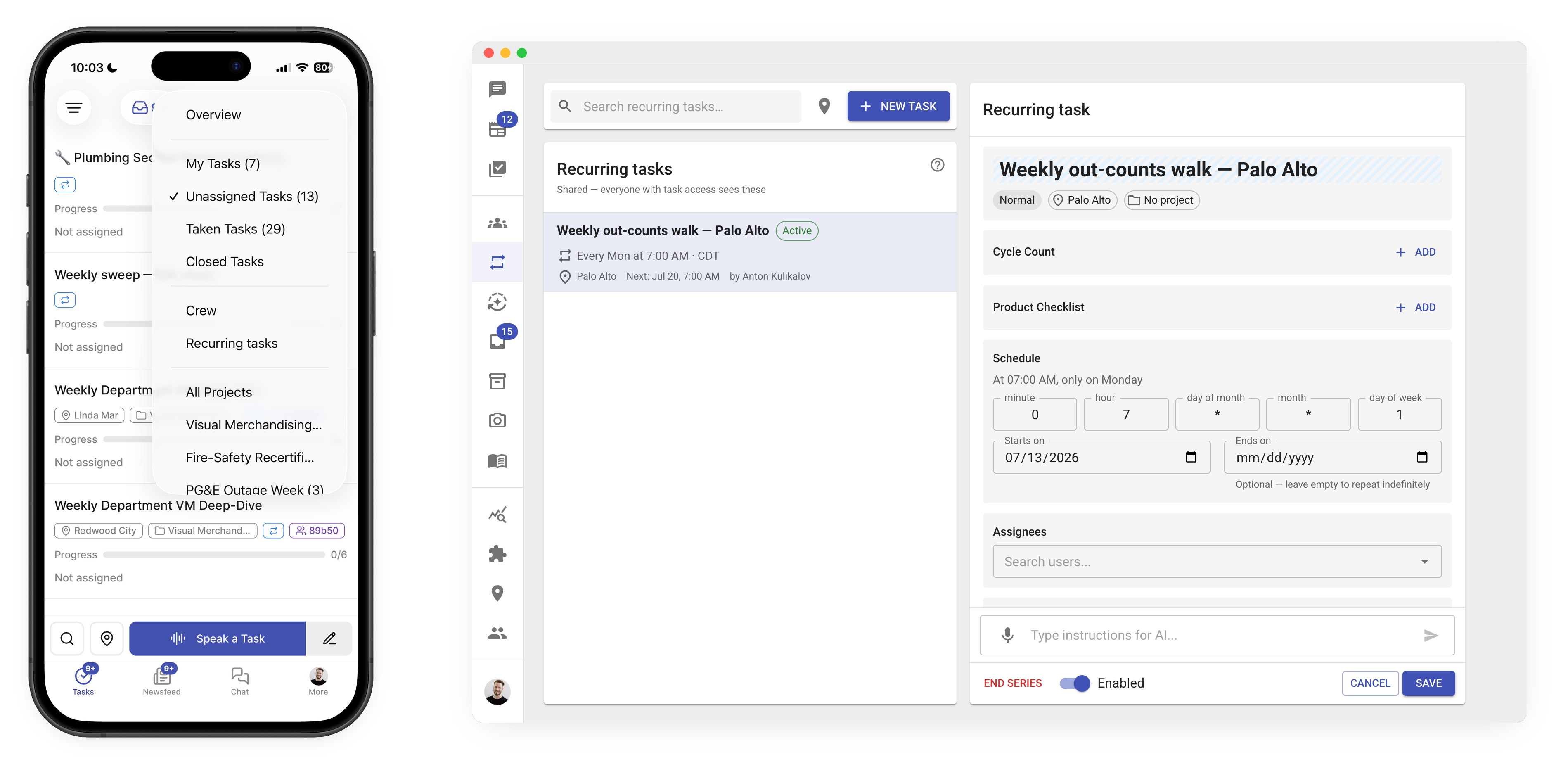 A collage of the Recurring Tasks feature on mobile and desktop. On the left, an iPhone shows the app's navigation menu with "Recurring tasks" listed among Overview, My Tasks, Unassigned Tasks, Taken Tasks, Closed Tasks, and Crew. On the right, the Recurring Tasks screen in the web app: a toolbar with a search box, a location filter, and a New Task button sits above the list of schedules; each row shows the title, an Active or Paused badge, the repeat pattern (for example "Every Mon at 7:00 AM"), the store, the next run, and who created it. The selected schedule opens in an editor showing its template — title, Cycle Count and Product Checklist blocks, the Schedule fields with start and end dates, and Assignees — with an Enabled/Paused switch and an End Series button in the footer.