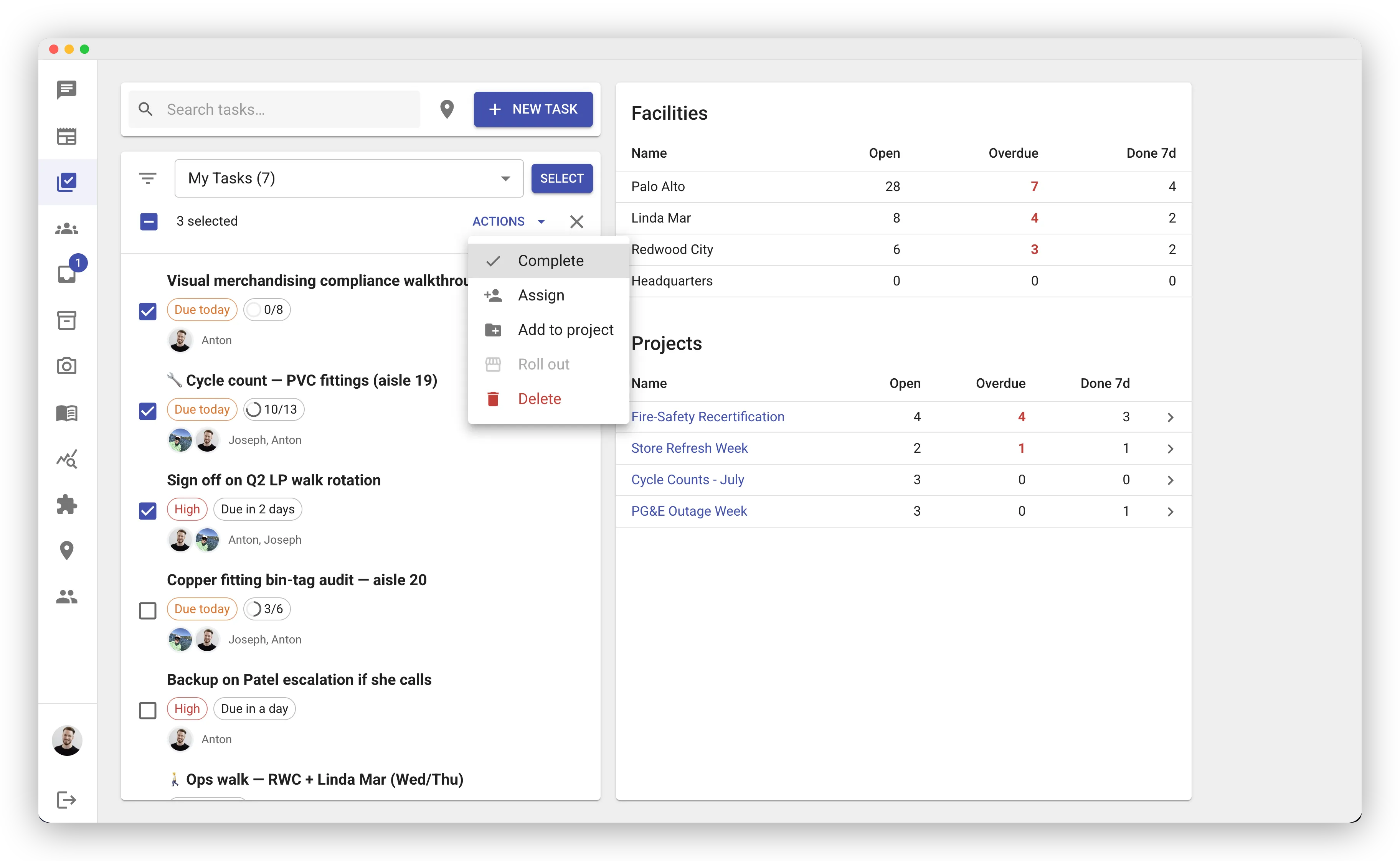 The web task list in selection mode. Three tasks are checked, the bar above the list reads "3 selected," and the open Actions menu lists Complete, Assign, Add to project, Roll out (grayed out because the selected tasks don't share one project), and Delete. To the right, the Overview panel shows Facilities and Projects tables with Open, Overdue, and Done 7d columns.