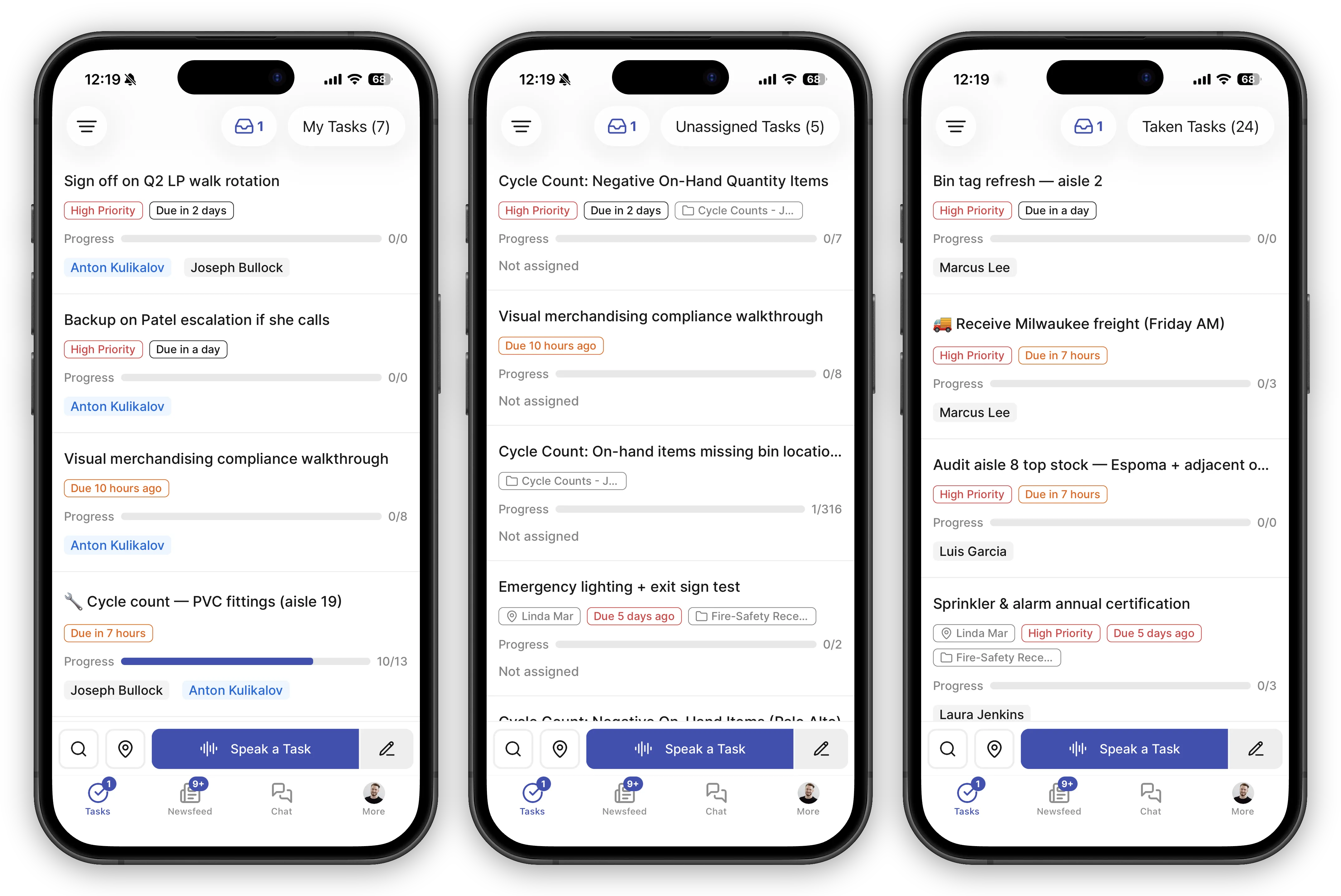 Three phone screens of the task lists side by side. My Tasks (7) shows tasks assigned to you with priority chips, due-date chips, progress bars, and assignee names. Unassigned Tasks (5) shows cards marked "Not assigned," some carrying project tags and overdue red due dates. Taken Tasks (24) shows teammates' tasks with their names on each card. Each screen has a "Speak a Task" button and search and location buttons at the bottom.